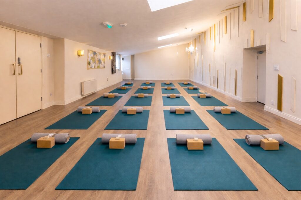 AI render of yoga setup at Hamps Hall and Barn dining room